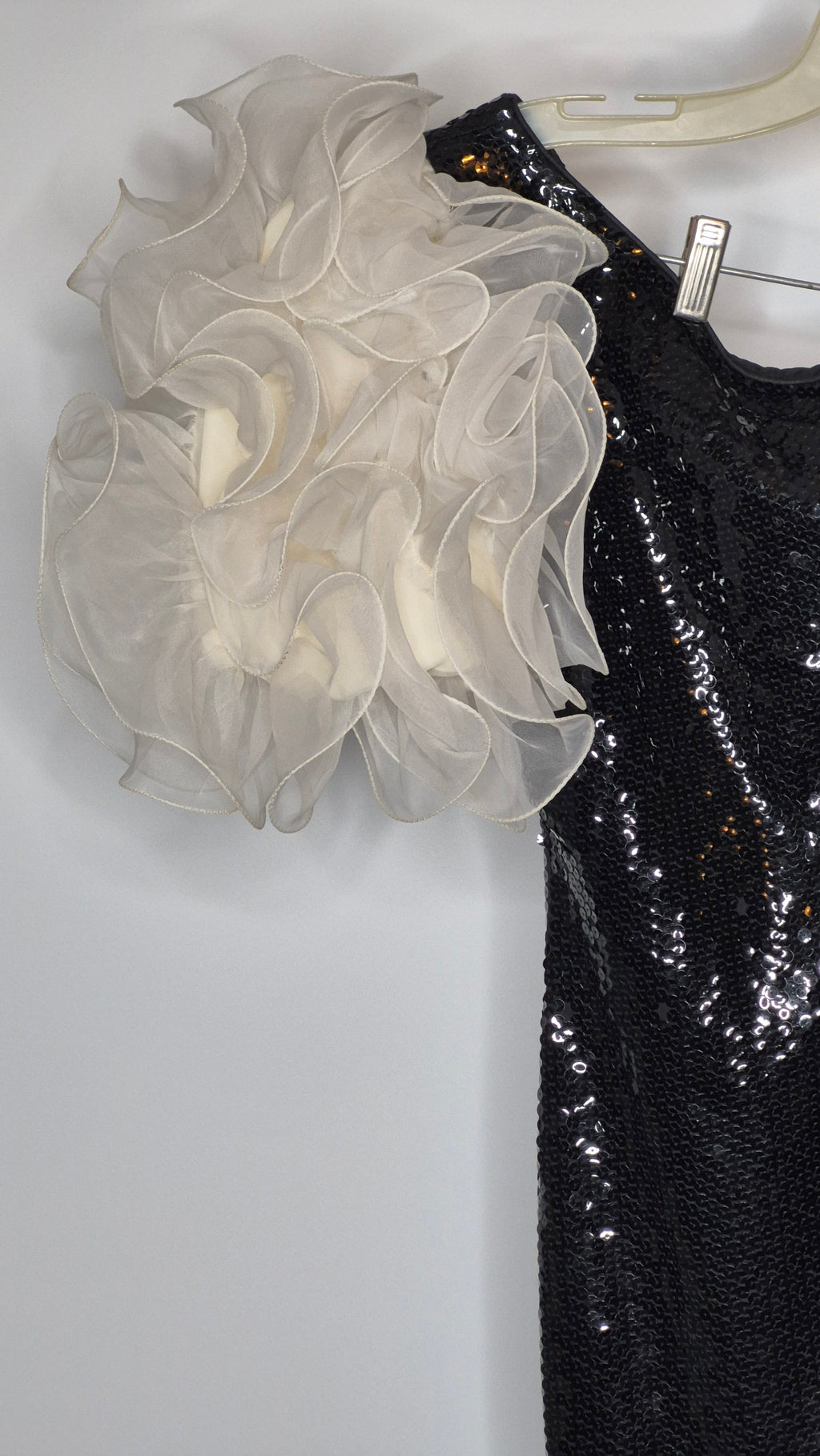Vintage 1980s Black Sequin & White Ruffle One-Shoulder Mermaid Gown