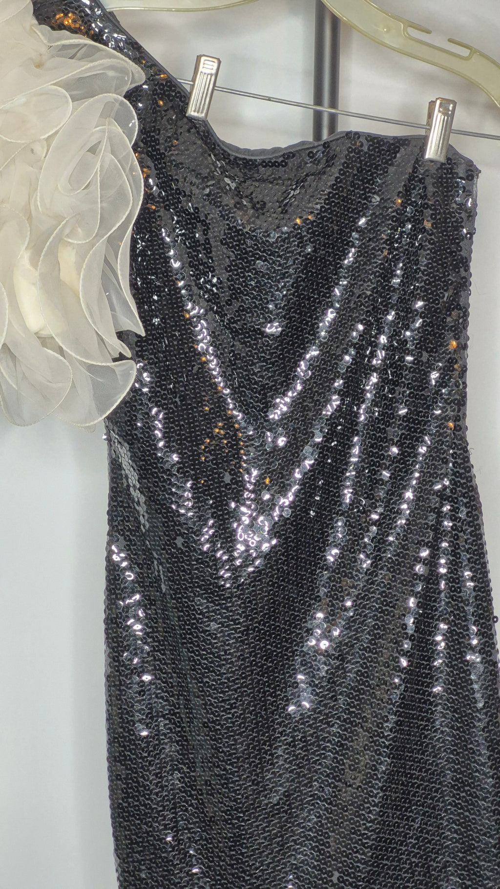 Vintage 1980s Black Sequin & White Ruffle One-Shoulder Mermaid Gown