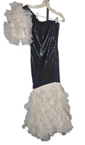 Vintage 1980s Black Sequin & White Ruffle One-Shoulder Mermaid Gown