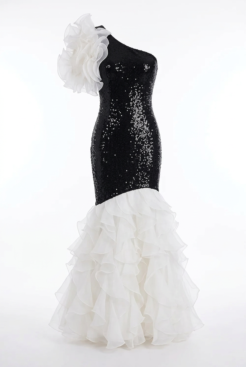 Vintage 1980s Black Sequin & White Ruffle One-Shoulder Mermaid Gown