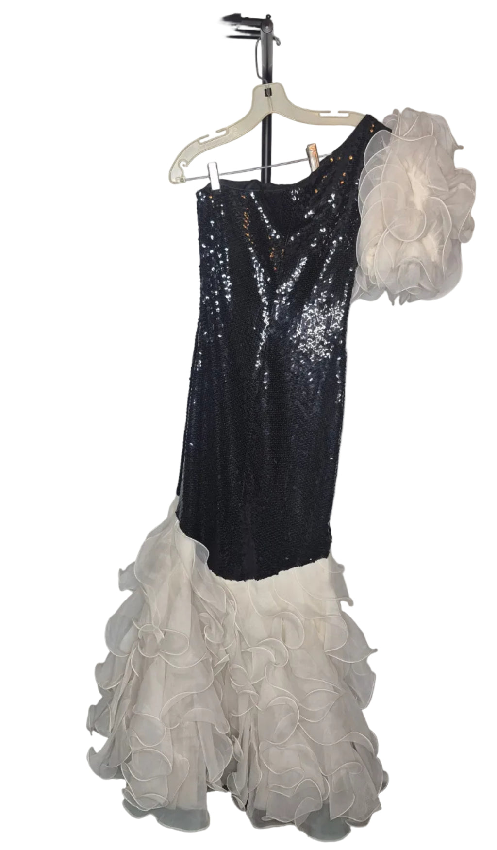 Vintage 1980s Black Sequin & White Ruffle One-Shoulder Mermaid Gown