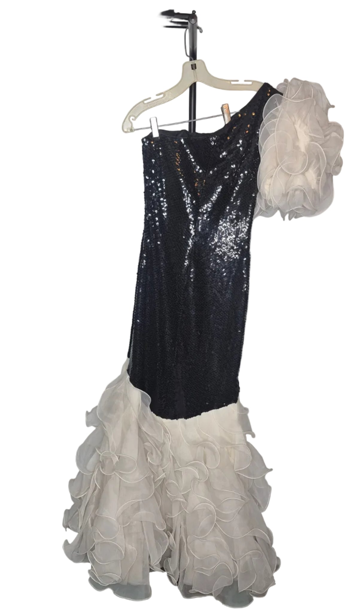 Vintage 1980s Black Sequin & White Ruffle One-Shoulder Mermaid Gown