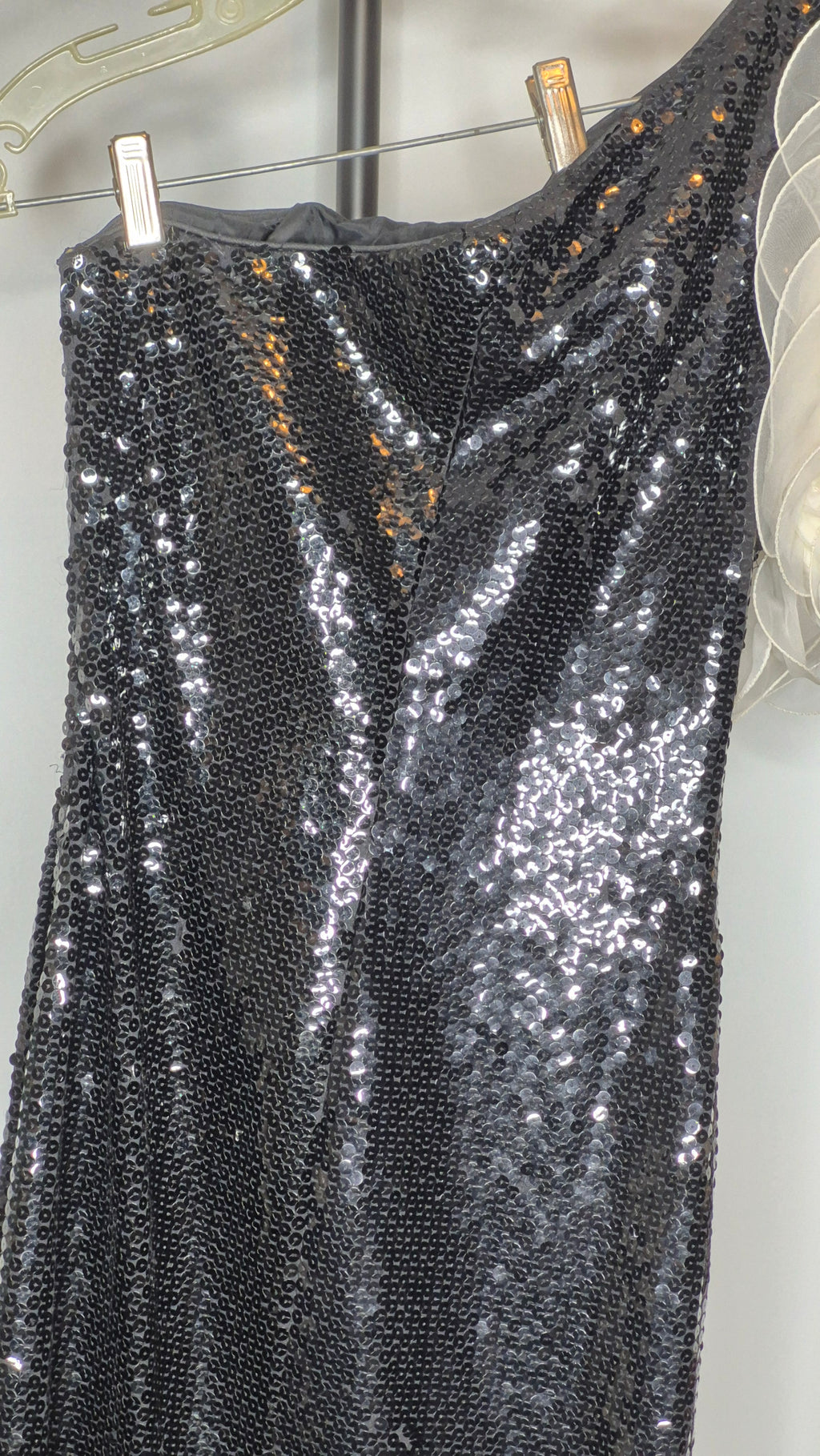 Vintage 1980s Black Sequin & White Ruffle One-Shoulder Mermaid Gown
