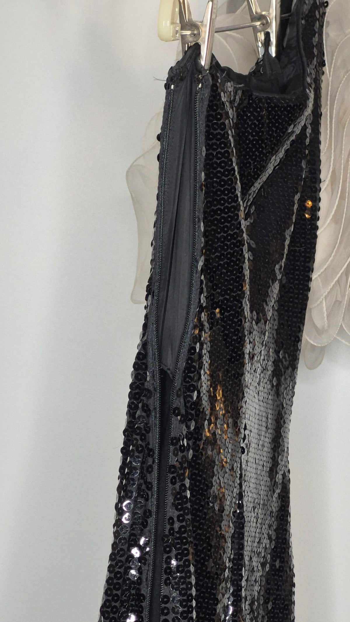 Vintage 1980s Black Sequin & White Ruffle One-Shoulder Mermaid Gown