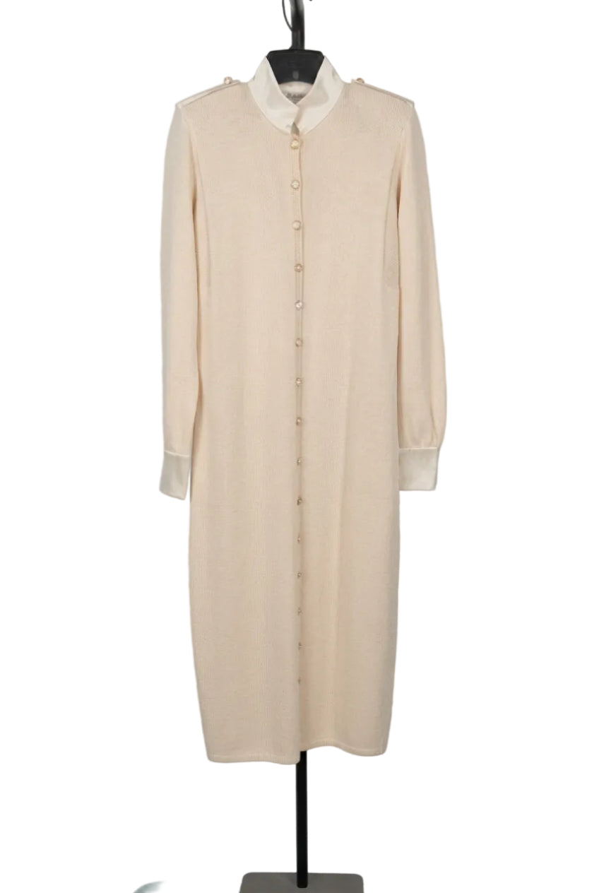 Vintage St. John Evening Cream Knit Dress with Satin Collar and Cuffs