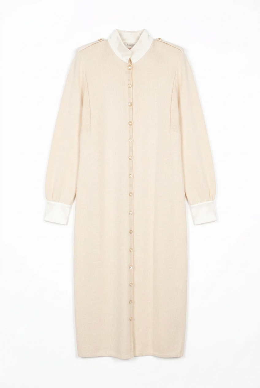 Vintage St. John Evening Cream Knit Dress with Satin Collar and Cuffs