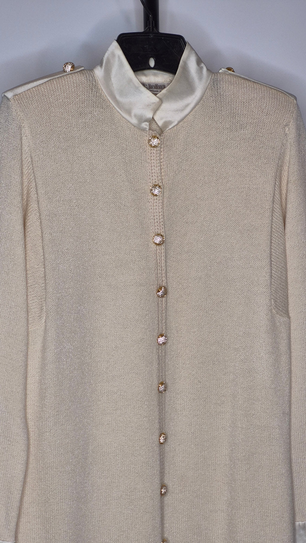 Vintage St. John Evening Cream Knit Dress with Satin Collar and Cuffs