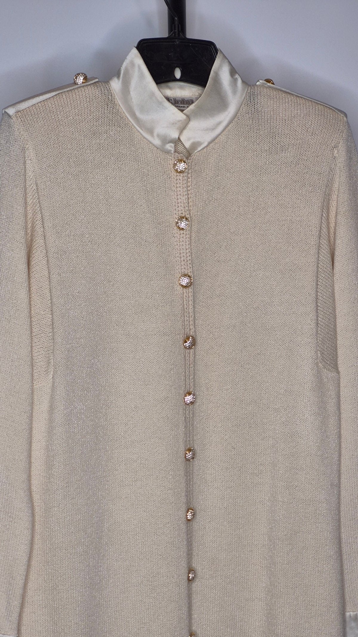Vintage St. John Evening Cream Knit Dress with Satin Collar and Cuffs