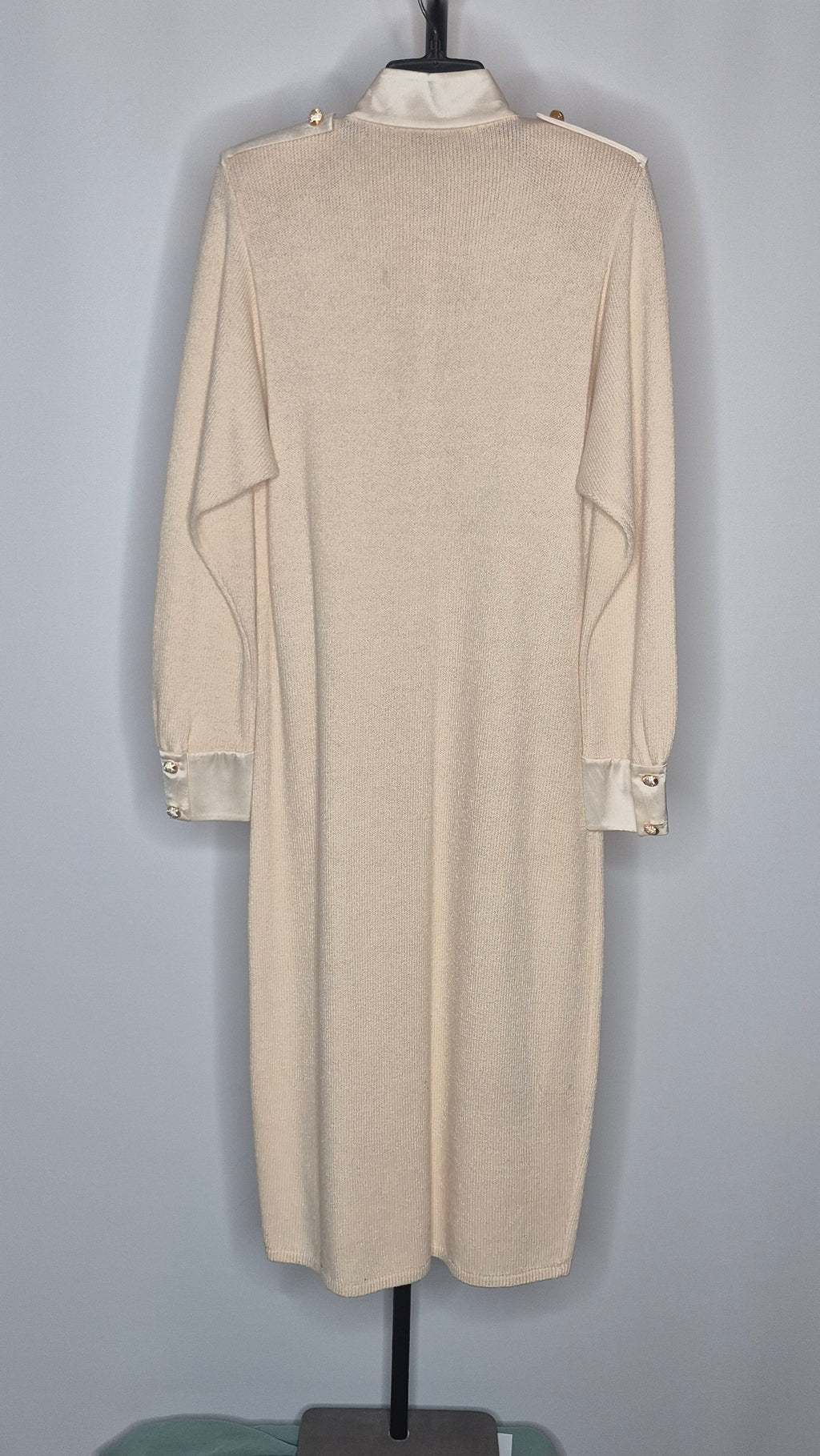 Vintage St. John Evening Cream Knit Dress with Satin Collar and Cuffs