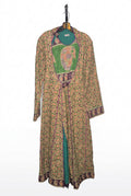 Vintage 1970s Indian Quilted Cotton Wrap Robe – Block Print Paisley Kantha Duster Lounging Gown