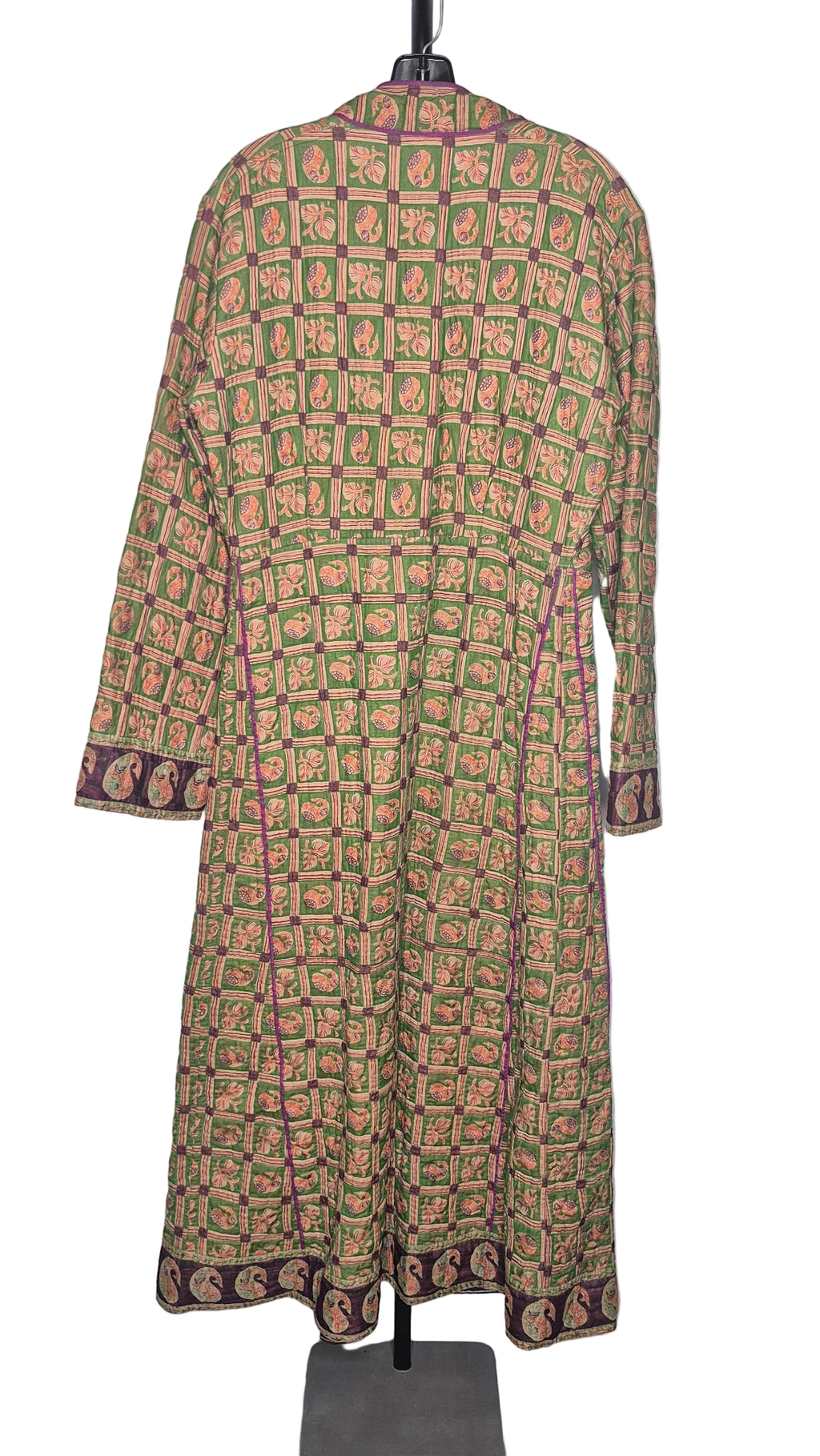 Vintage 1970s Indian Quilted Cotton Wrap Robe – Block Print Paisley Kantha Duster Lounging Gown