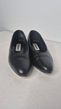 1990s Classique Black Sculpted Gold Panther Low Block Heel Pumps Size 6 WW Wide