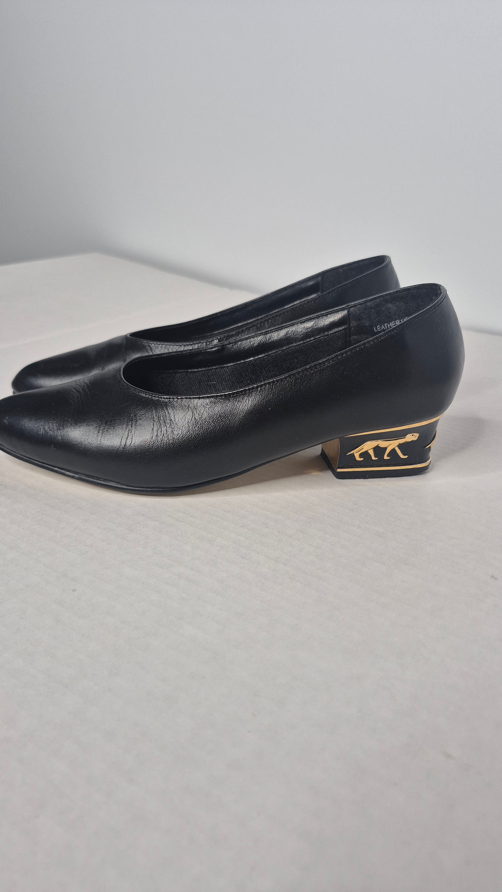 1990s Classique Black Sculpted Gold Panther Low Block Heel Pumps Size 6 WW Wide