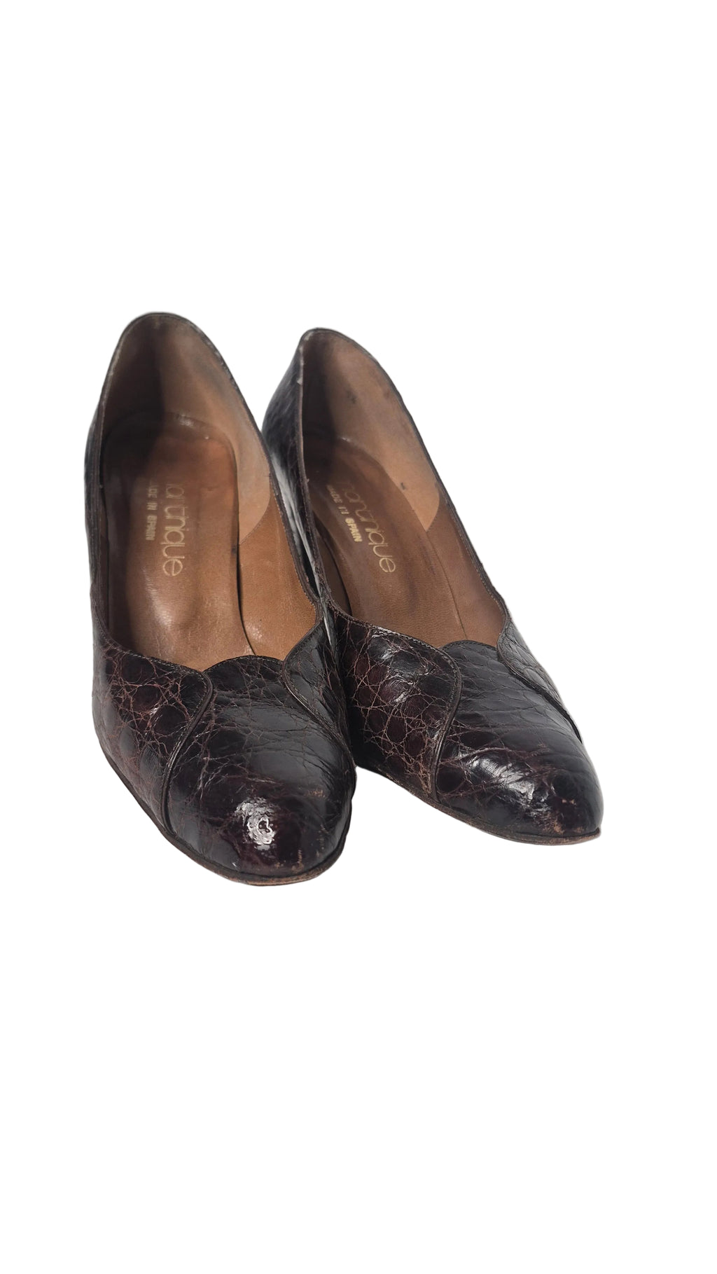1980s Martinique Brown Crocodile Embossed Leather Pumps Heels Made in Spain