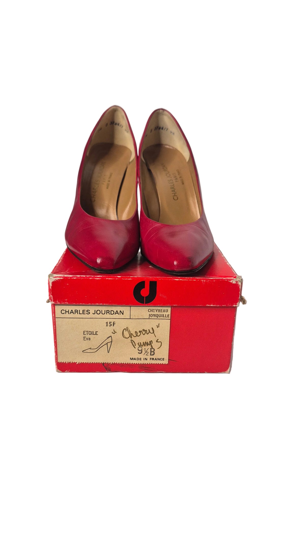 1980s Charles Jourdan Paris Red Chevreau Leather Stiletto Pumps Heels Etoile Eva with Box