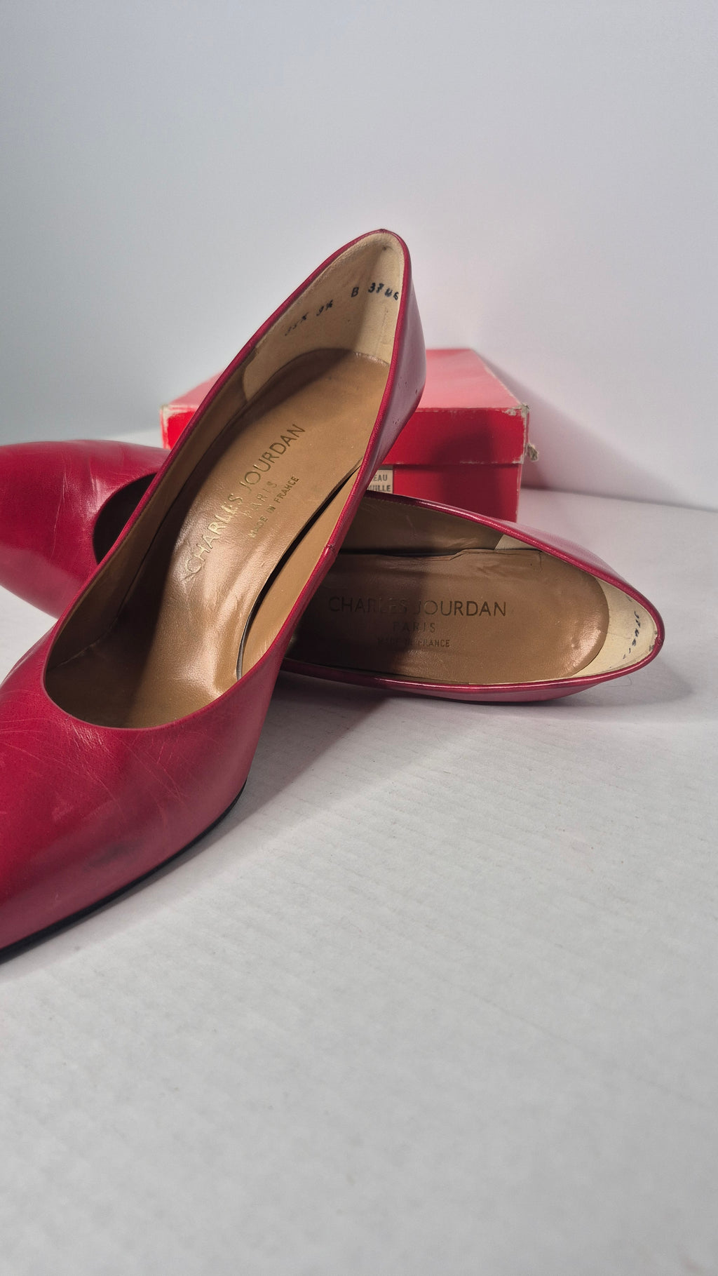 1980s Charles Jourdan Paris Red Chevreau Leather Stiletto Pumps Heels Etoile Eva with Box