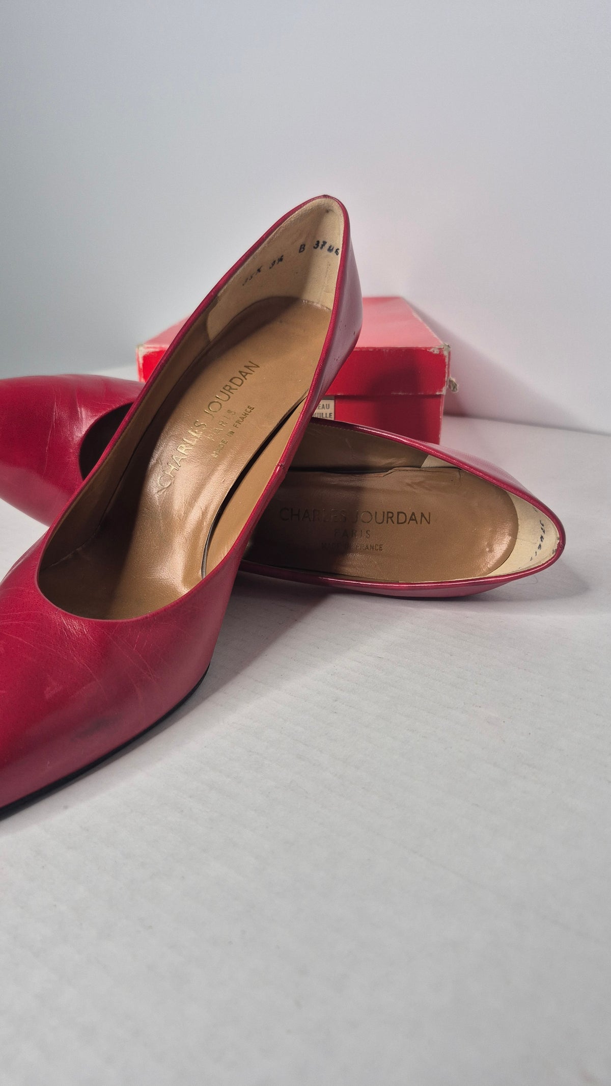1980s Charles Jourdan Paris Red Chevreau Leather Stiletto Pumps Heels Etoile Eva with Box