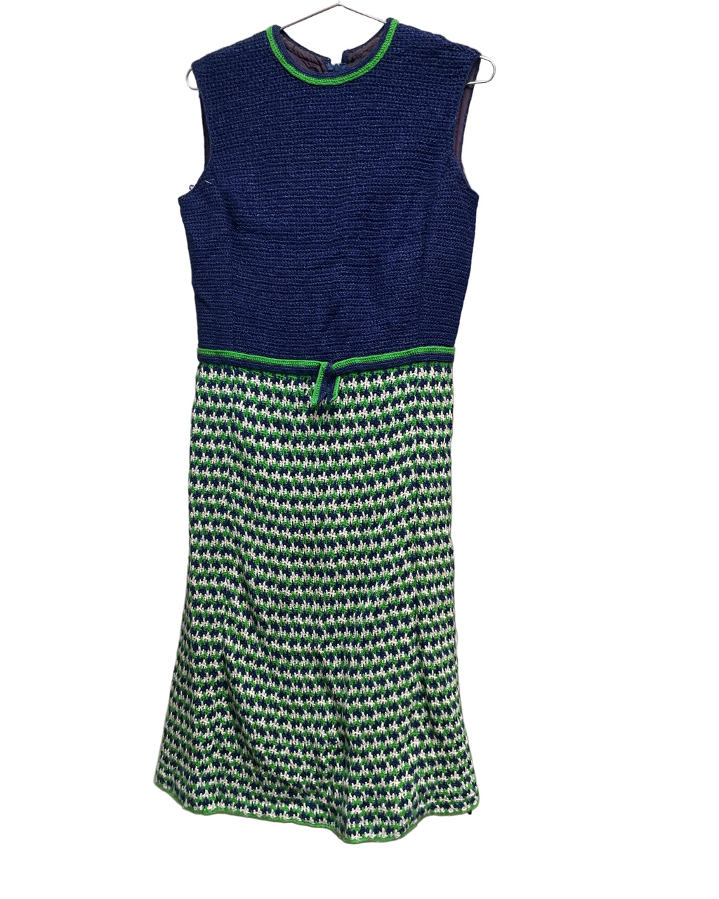 1960s Handmade Sweater Dress Shift Blue Green Sleeveless lined Great Condition