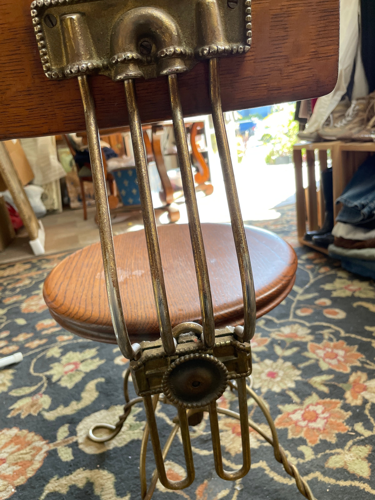 1890s Exquisite Art Nouveau Oak and Brass Rotating Piano Stool antique