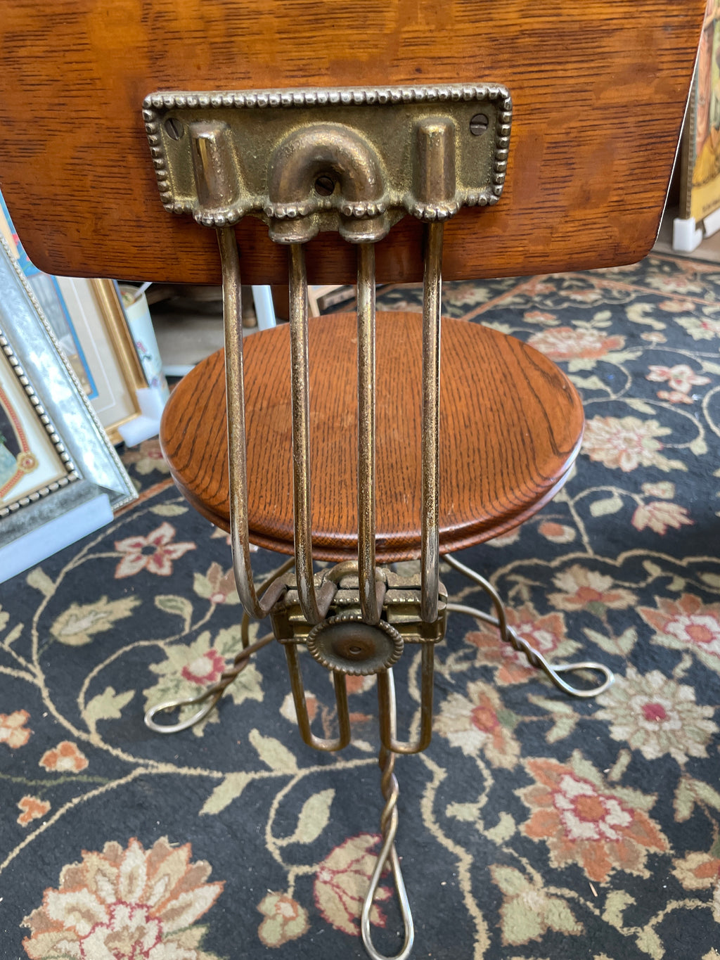 1890s Exquisite Art Nouveau Oak and Brass Rotating Piano Stool antique