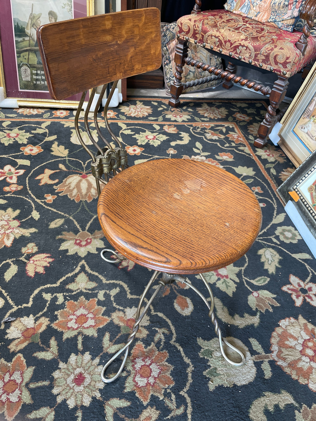 1890s Exquisite Art Nouveau Oak and Brass Rotating Piano Stool antique
