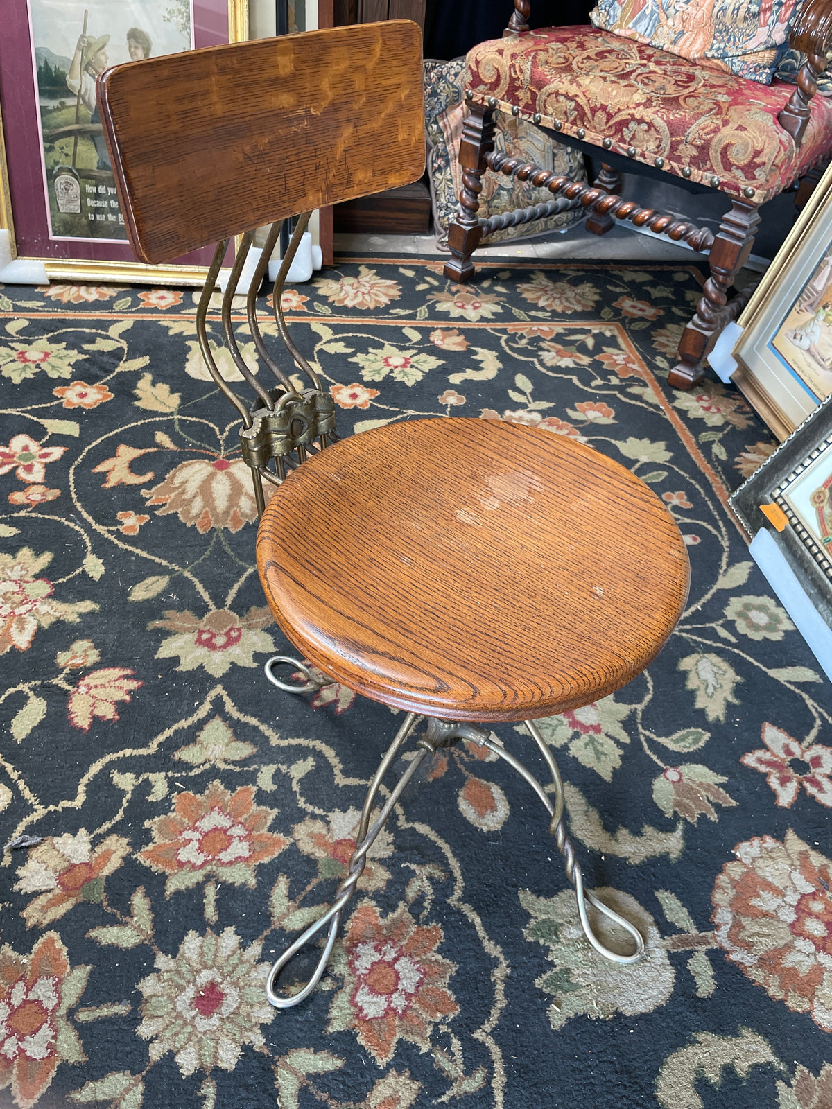 1890s Exquisite Art Nouveau Oak and Brass Rotating Piano Stool antique