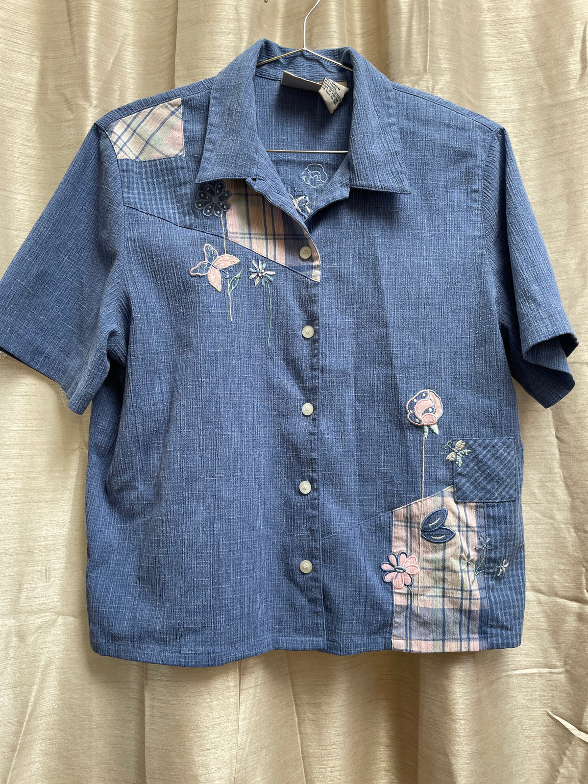 Vintage Koret City Blues Embroidered Denim Shirt - Butterfly Floral with Plaid Detail - Size Medium