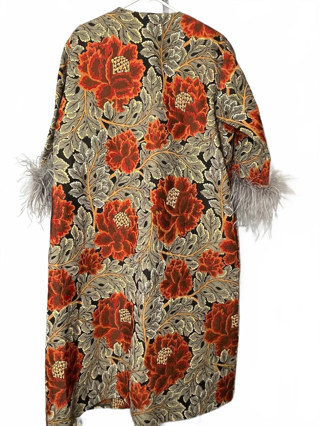 A.YA Luxury Jacquard Floral Midi Coat Feather Cuff Crystal Fringe FW21 Duster