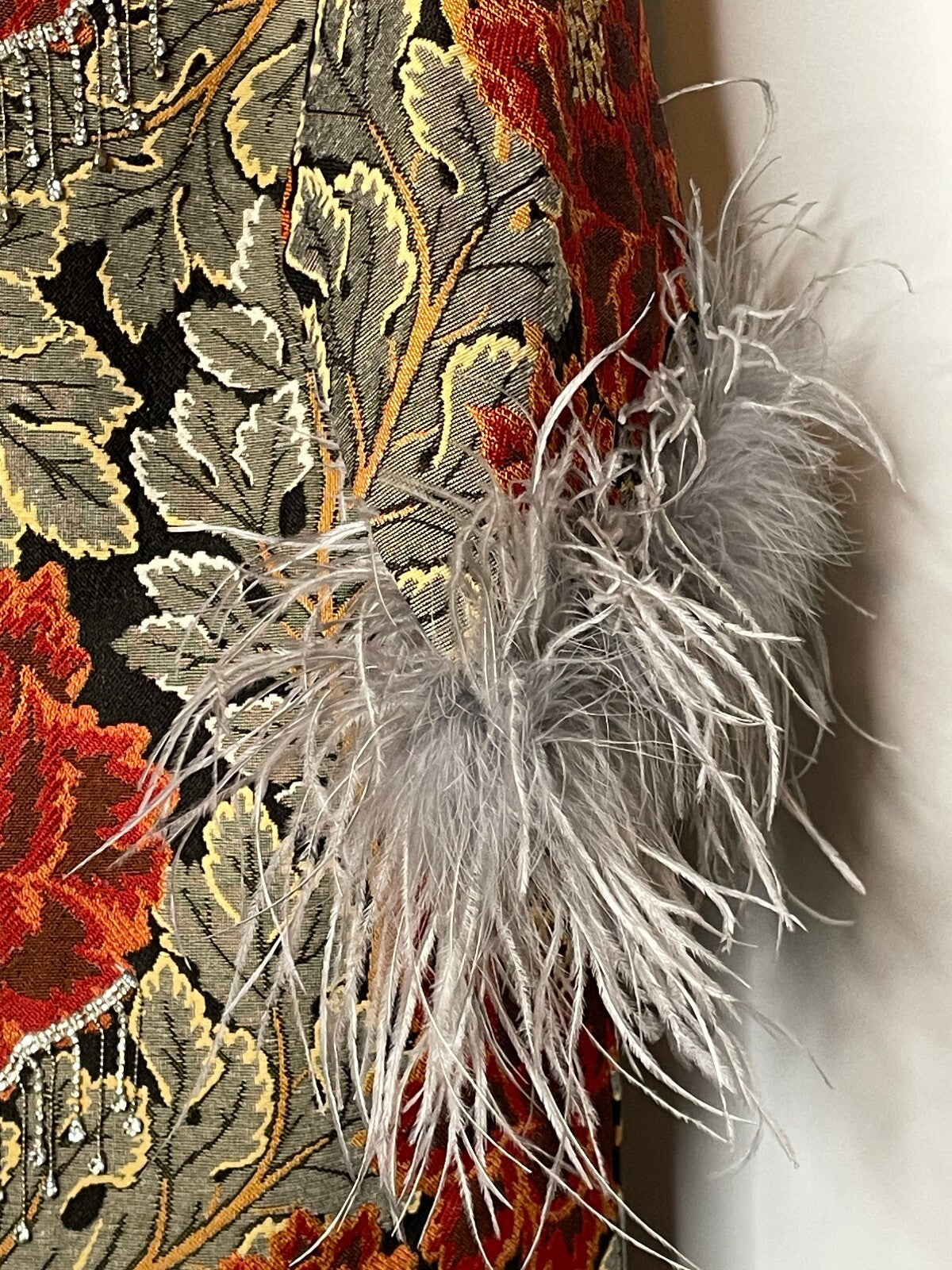 A.YA Luxury Jacquard Floral Midi Coat Feather Cuff Crystal Fringe FW21 Duster