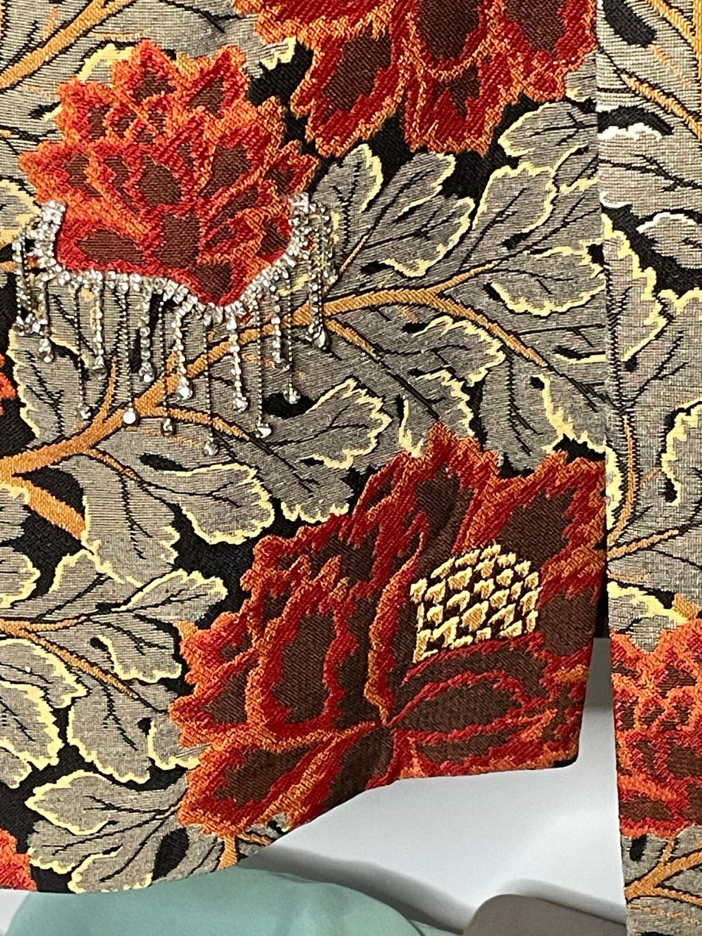 A.YA Luxury Jacquard Floral Midi Coat Feather Cuff Crystal Fringe FW21 Duster