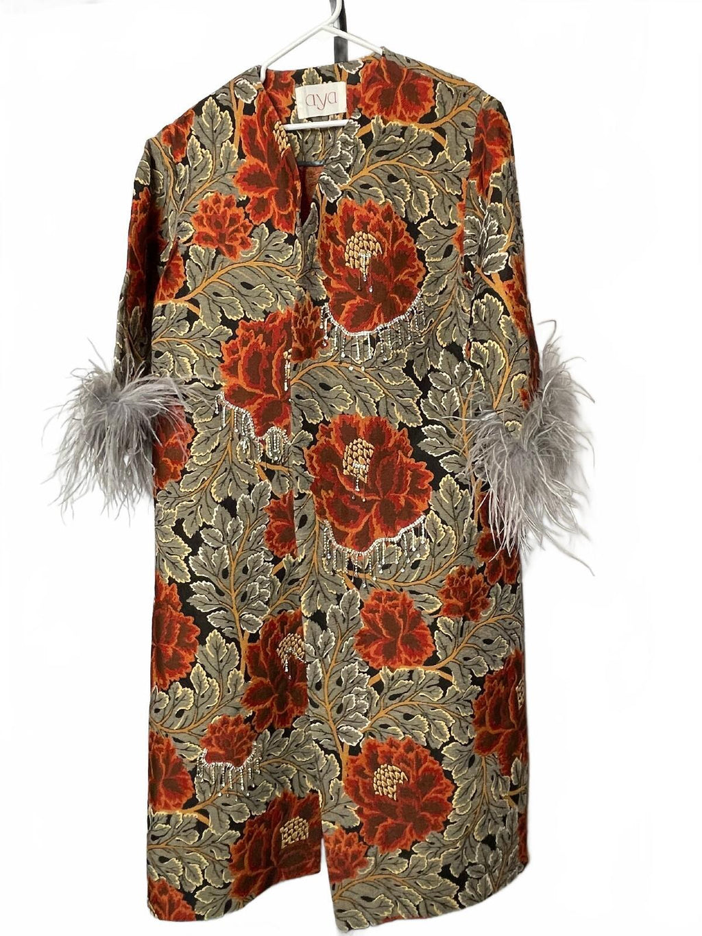 A.YA Luxury Jacquard Floral Midi Coat Feather Cuff Crystal Fringe FW21 Duster