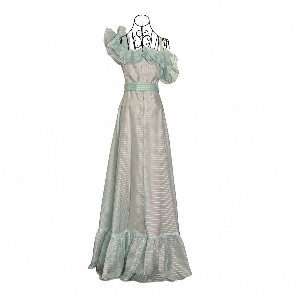 1970s Roberta California off-the-shoulder Prairie Dress Prom Gown