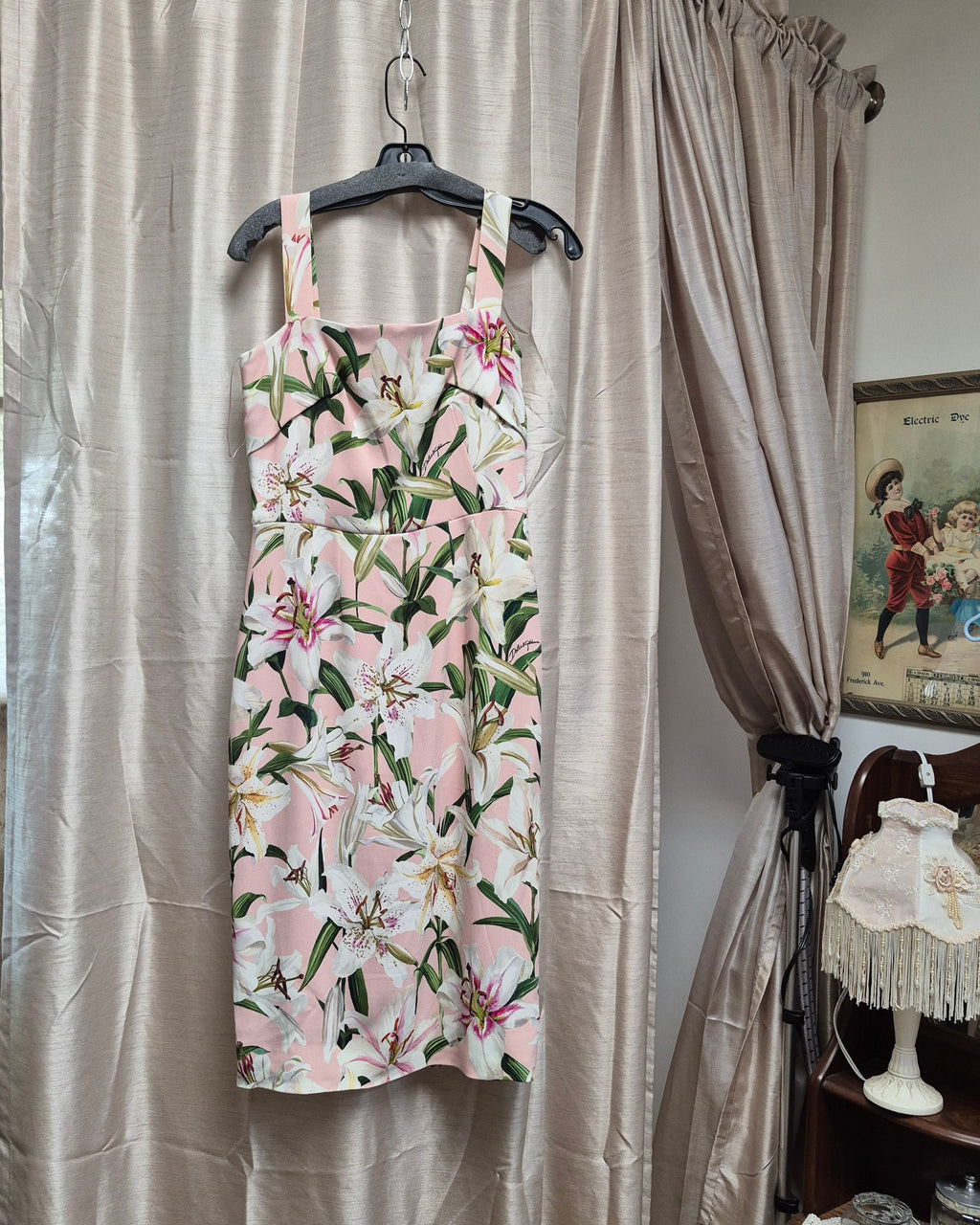Dolce & Gabbana Floral Lily Print Midi Dress Pink Lillium