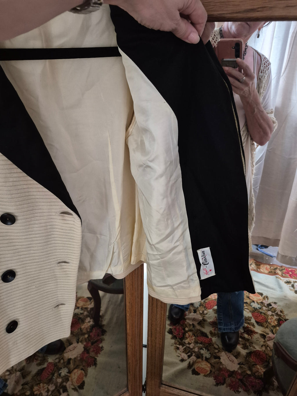 1960s Camelon Knit Jacket - Cream & Black Double-Breasted Blazer