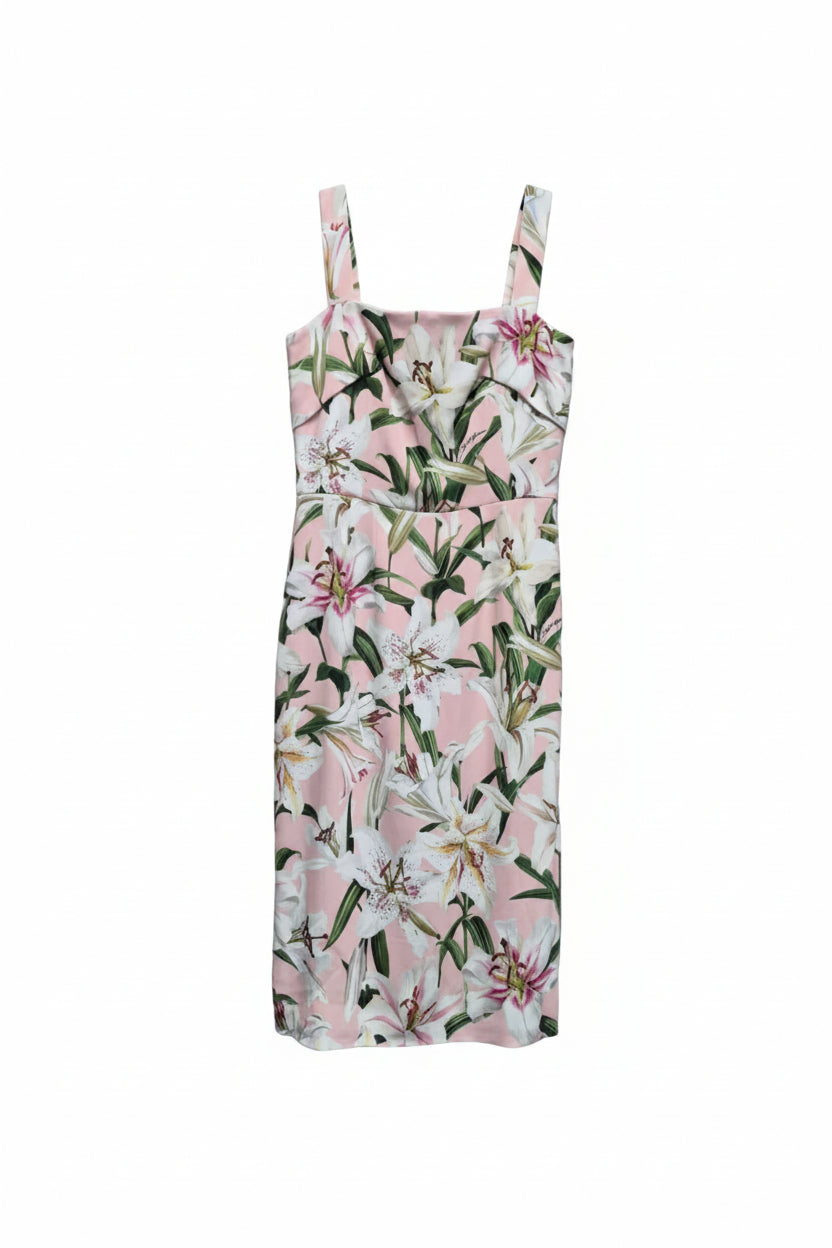 Dolce & Gabbana Floral Lily Print Midi Dress Pink Lillium