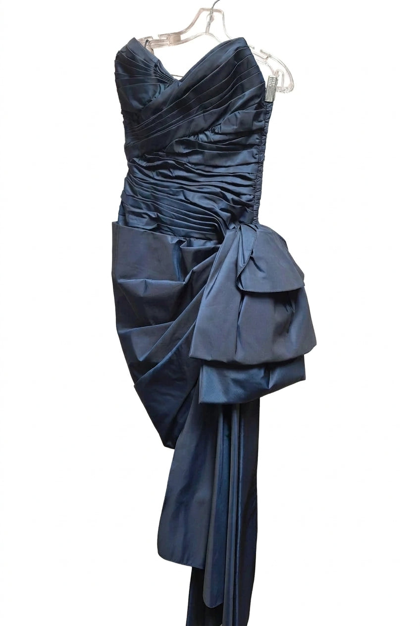 1980s Victor Costa Navy Blue Ruched Taffeta Cocktail Dress with Dramatic Bow