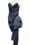 1980s Victor Costa Navy Blue Ruched Taffeta Cocktail Dress with Dramatic Bow