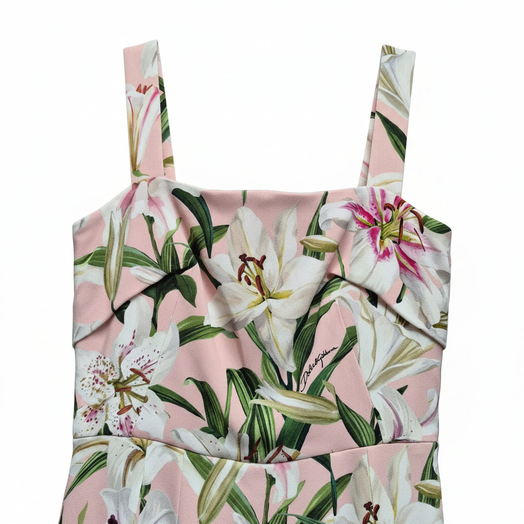 Dolce & Gabbana Floral Lily Print Midi Dress Pink Lillium