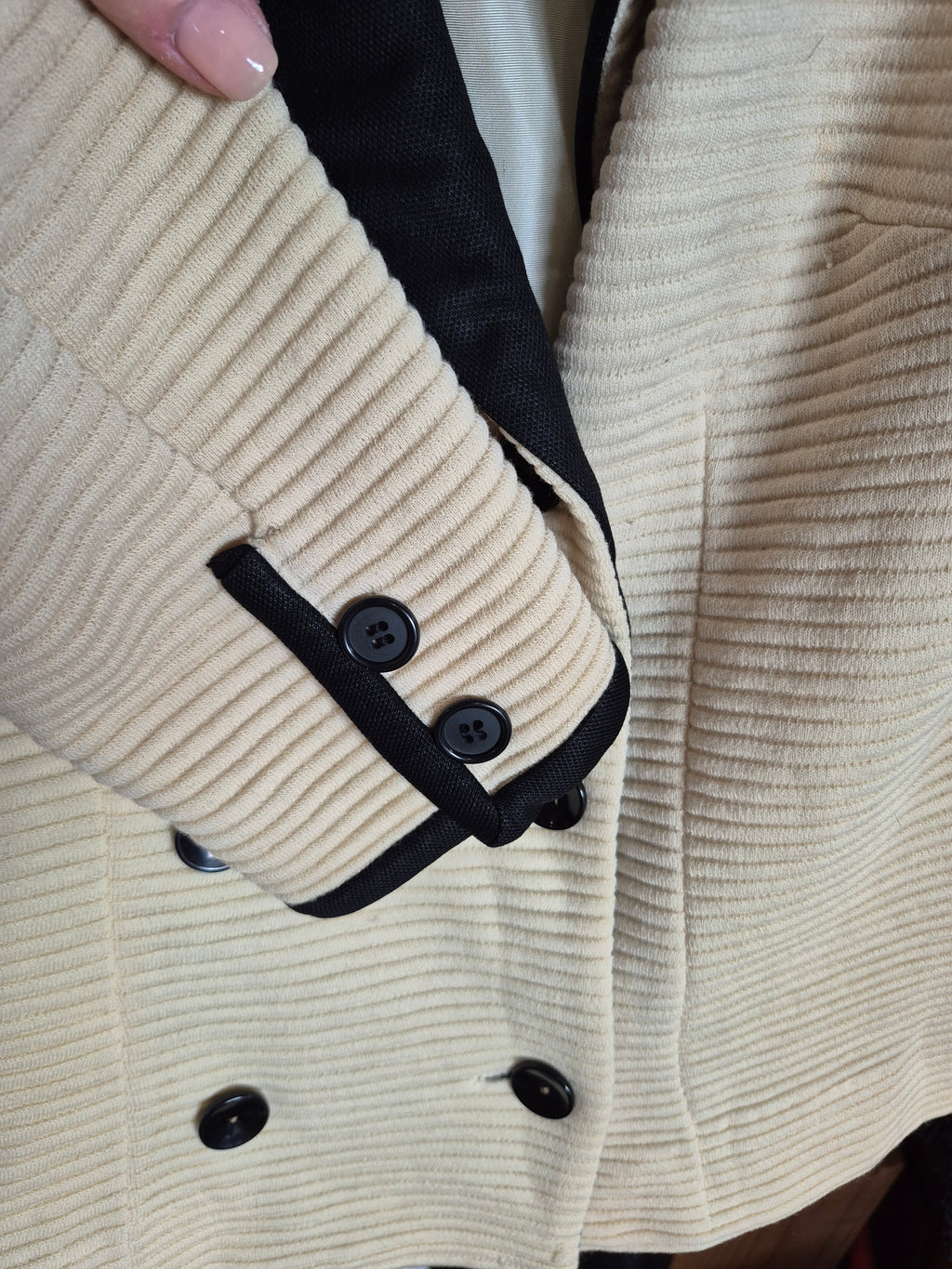 1960s Camelon Knit Jacket - Cream & Black Double-Breasted Blazer