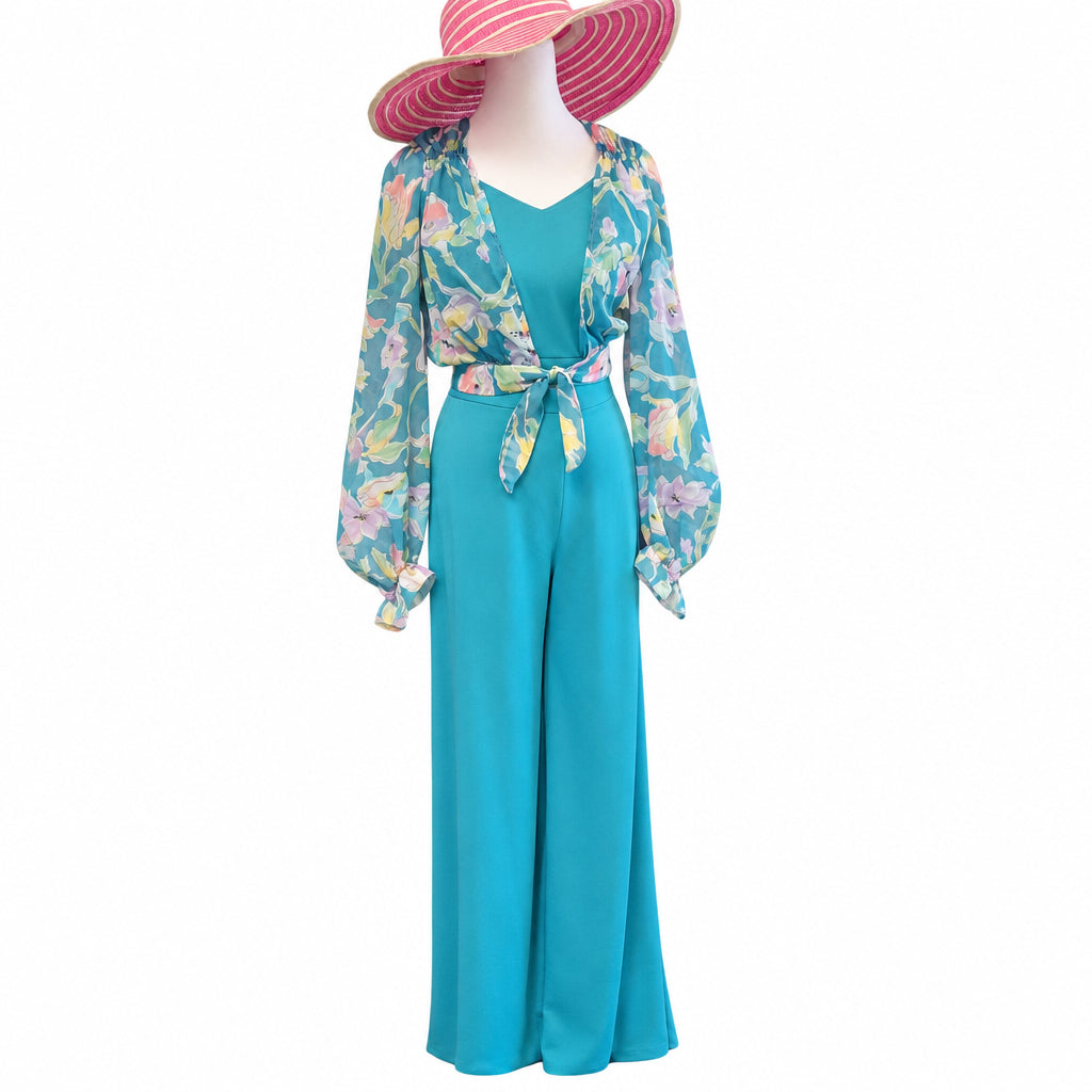 1970s Joseph Magnin 3-Piece high-waist gaucho bottoms floral wrap top